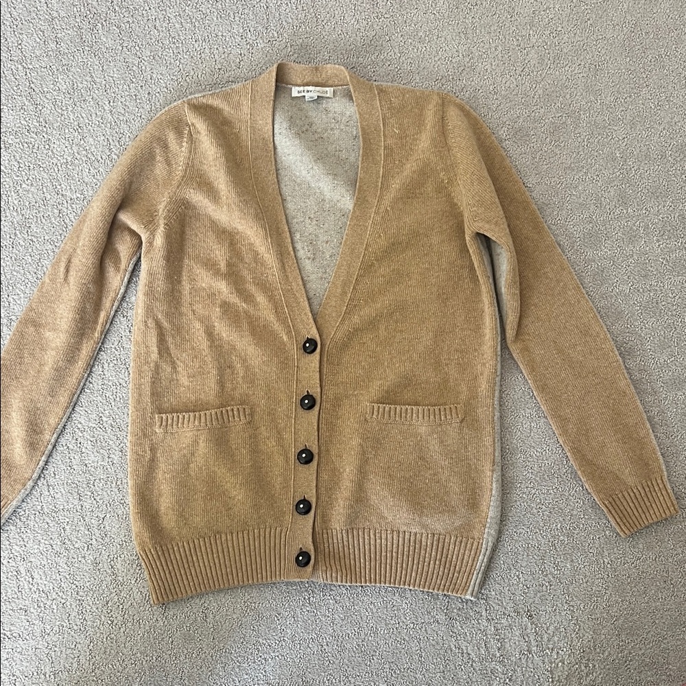 See By Chloe - 100% Wool Tan Button-Front Cardigan Sweater